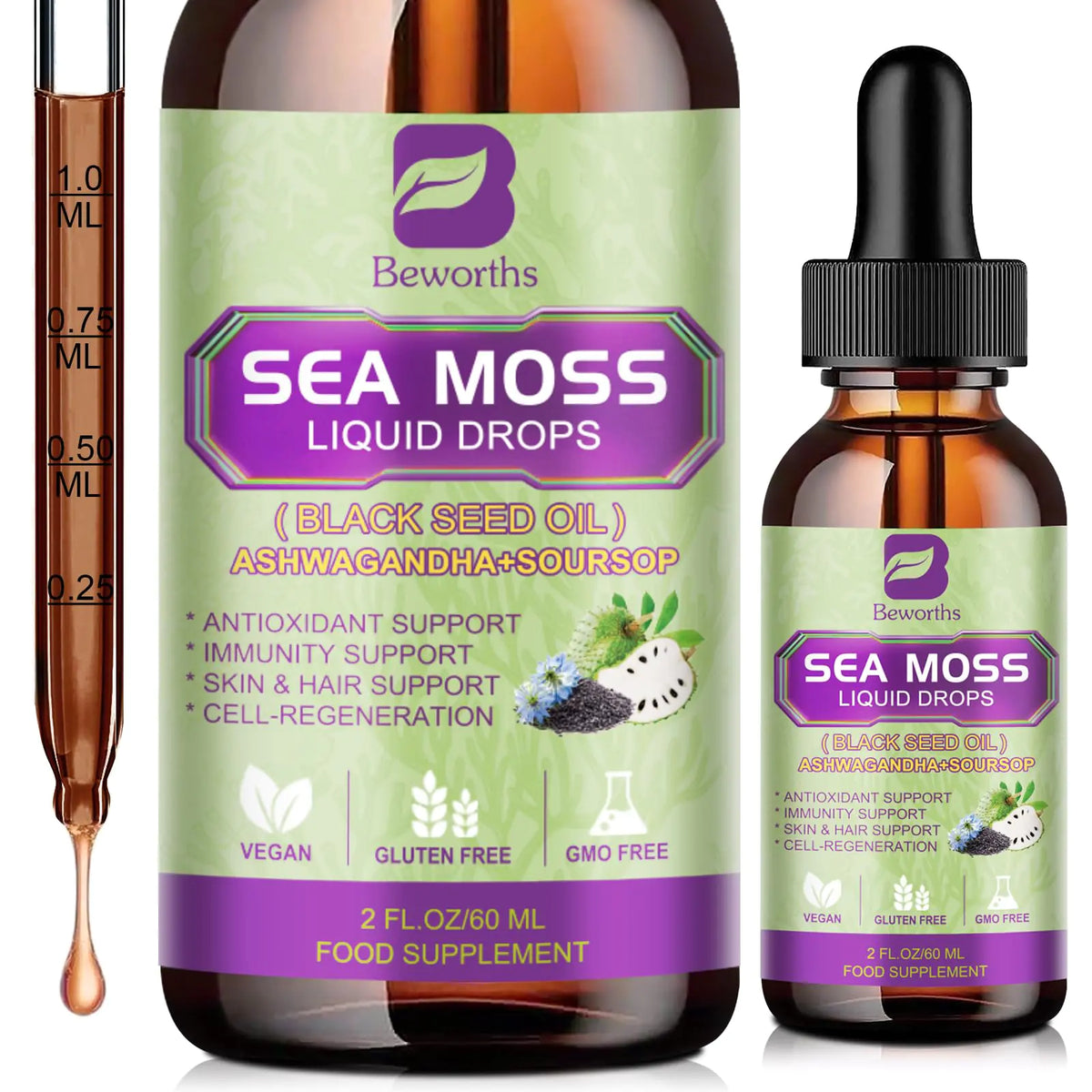 Premium Sea Moss Liquid Drops with Black Seed Oil & Ashwagandha - 6X Strength Immunity Support