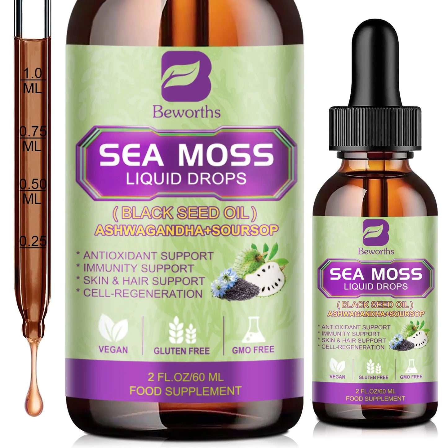 Premium Sea Moss Liquid Drops with Black Seed Oil & Ashwagandha - 6X Strength Immunity Support
