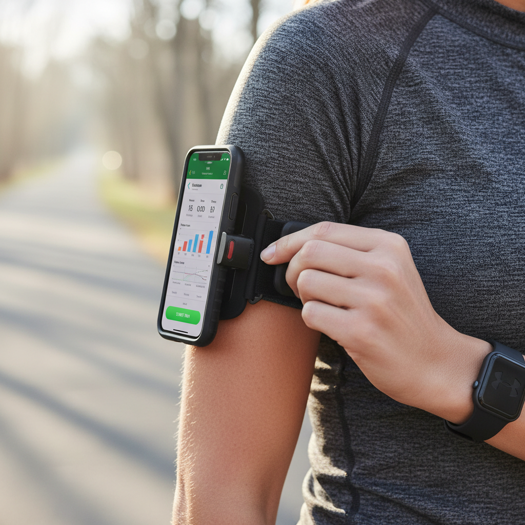 Athlete adjusting armband before run