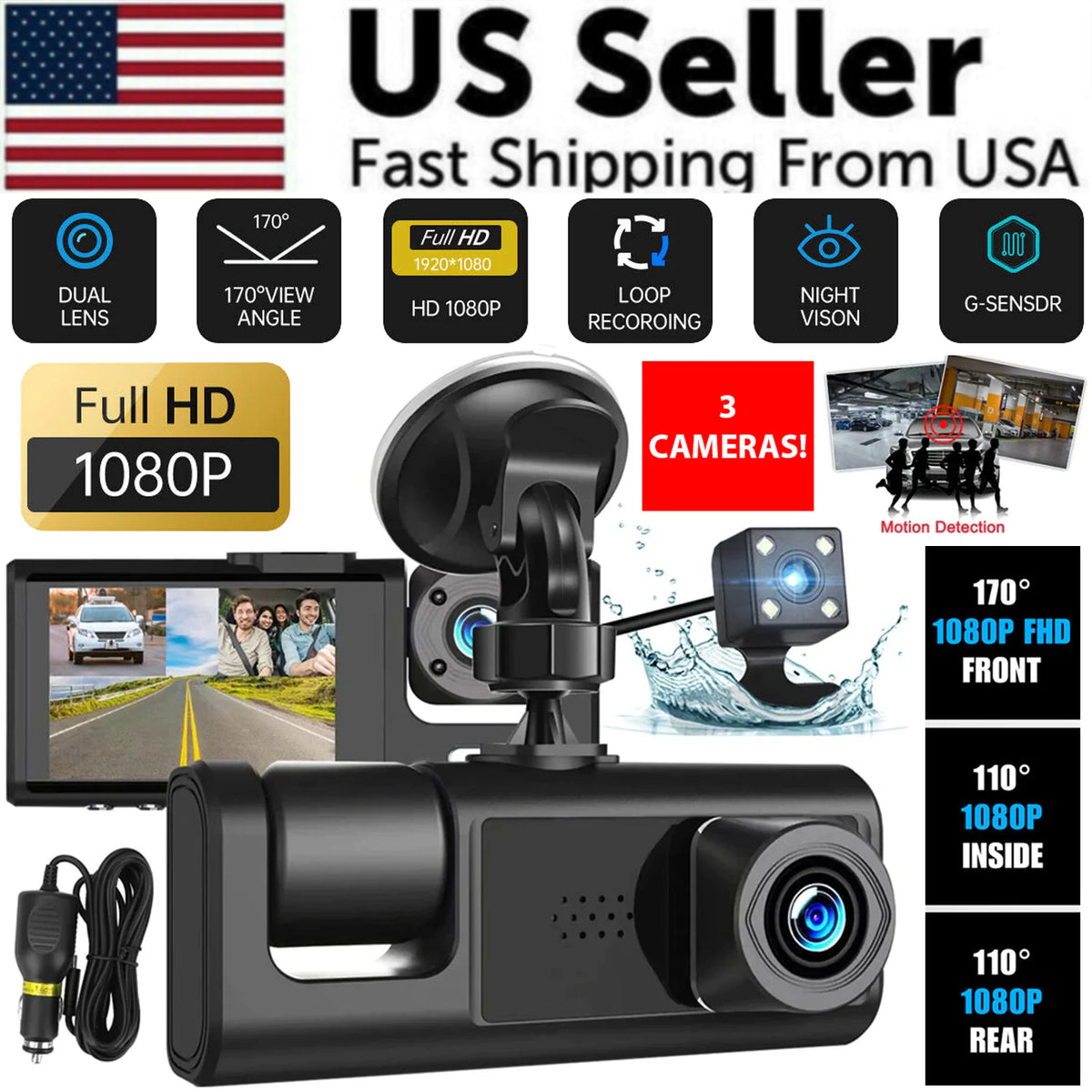 Dual Lens Dash Cam - HD 1080P Front & Rear Camera with G-Sensor