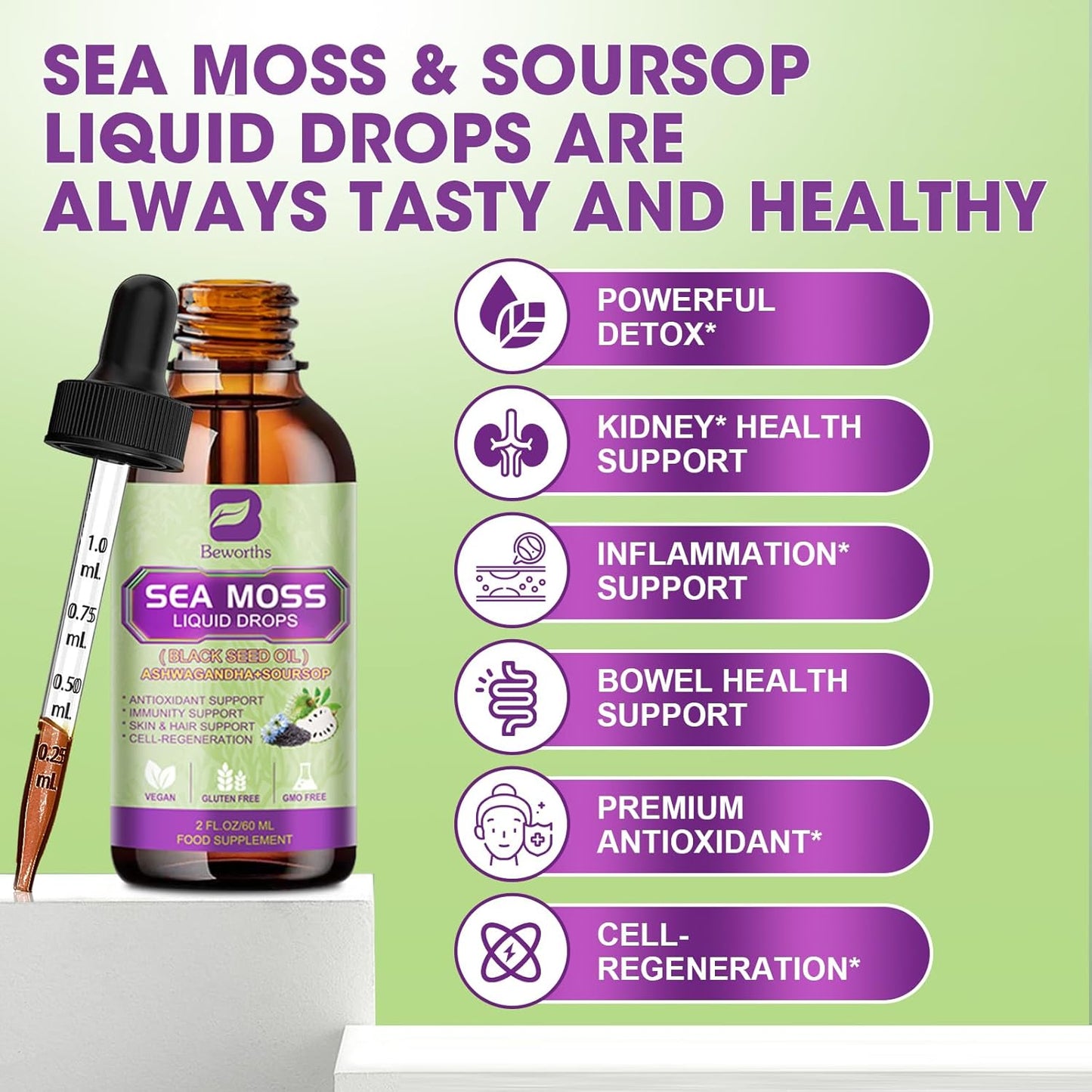 Premium Sea Moss Liquid Drops with Black Seed Oil & Ashwagandha - 6X Strength Immunity Support