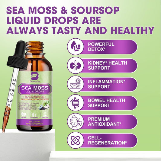 Premium Sea Moss Liquid Drops with Black Seed Oil & Ashwagandha - 6X Strength Immunity Support