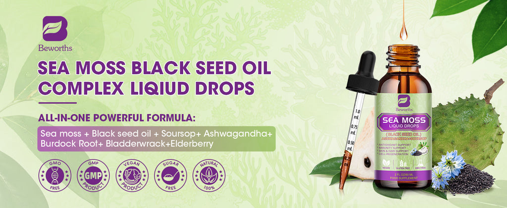 Premium Sea Moss Liquid Drops with Black Seed Oil & Ashwagandha - 6X Strength Immunity Support