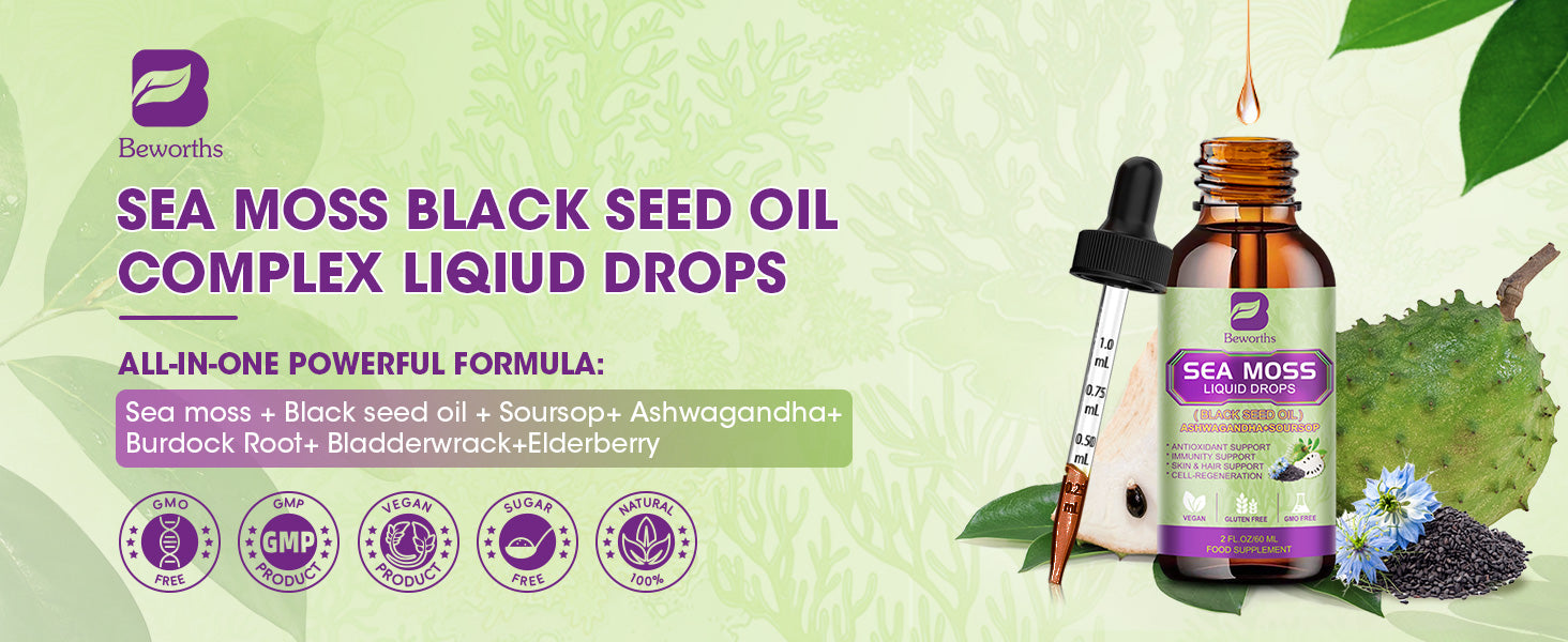 Premium Sea Moss Liquid Drops with Black Seed Oil & Ashwagandha - 6X Strength Immunity Support