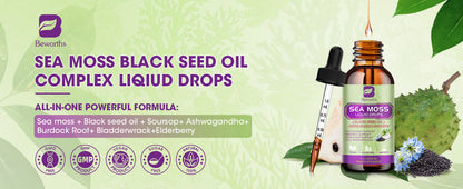 Premium Sea Moss Liquid Drops with Black Seed Oil & Ashwagandha - 6X Strength Immunity Support