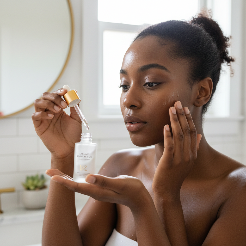 Woman applying azelaic acid serum