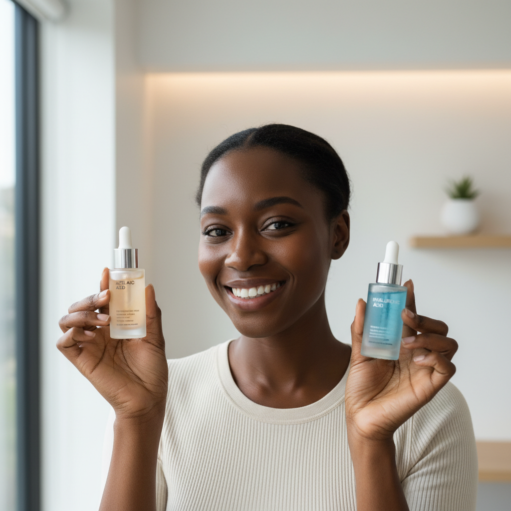 Woman with azelaic acid serum bottle